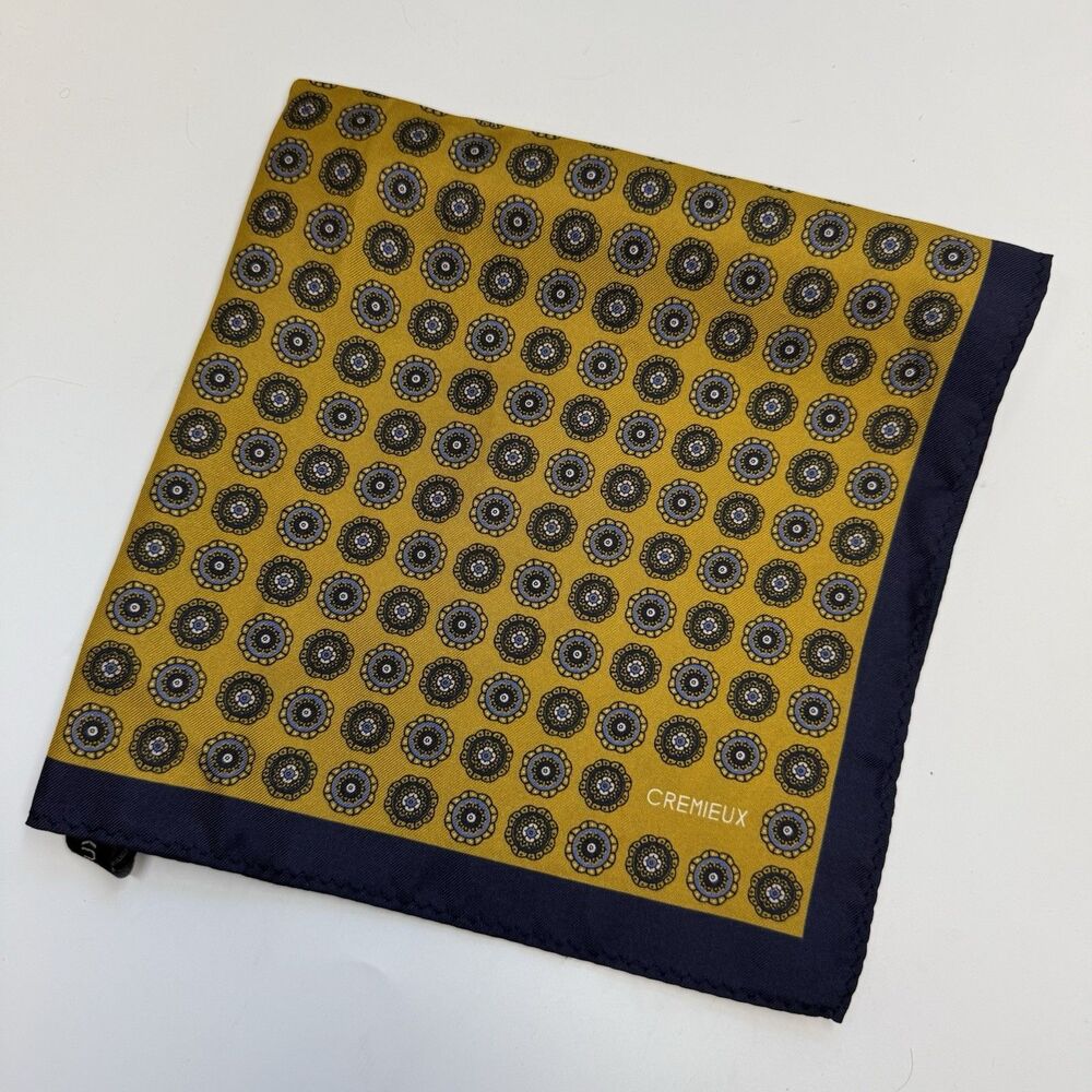 Cremieux Blue White Mustard Yellow Geometric Pattern 100% Silk Pocket Square New